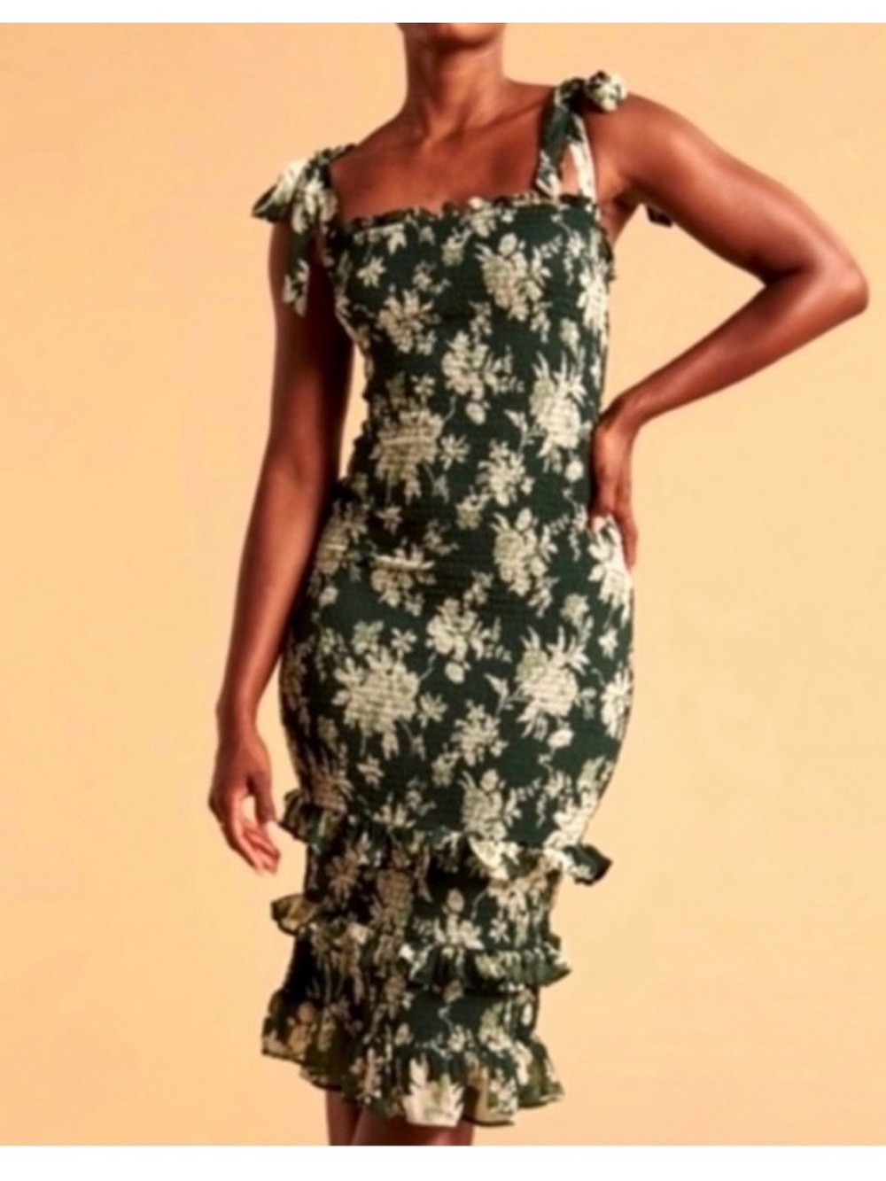 Abercrombie & Fitch Green Floral Tie-Shoulder Ruffle Midi Dress